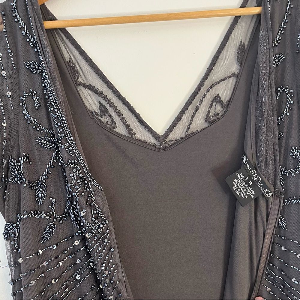 Pisarro Nights Beaded Long Short Sleeve Gown, Size 14, Charcoal Gray, NWT - Picture 11 of 11